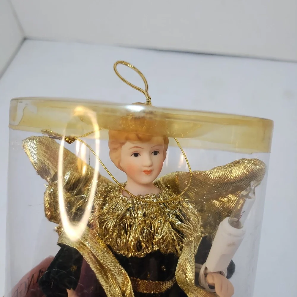 Angel Tree Topper 5 in Ceramic Porcelain Gold‎ Green Lighted Christmas